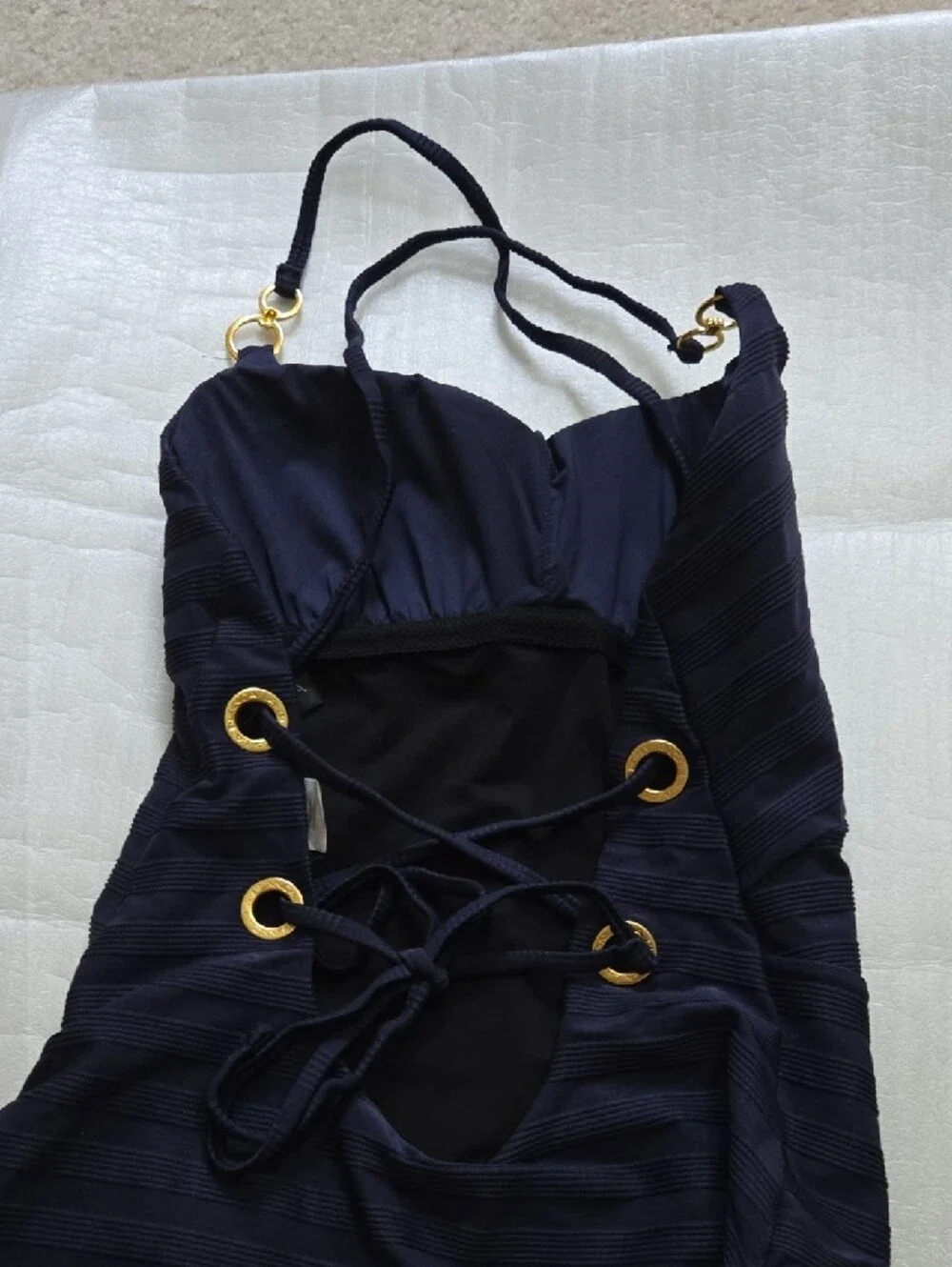 La Blanca Navy Textured One-Piece Swimsuit with Gold Hardware